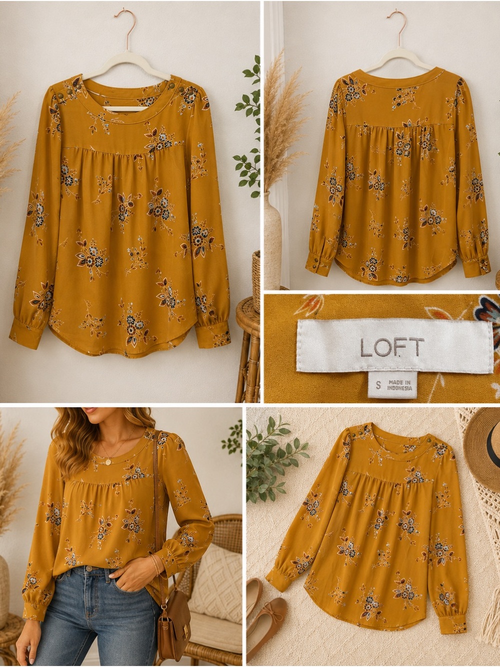 LOFT Mustard Floral Long-Sleeve Peasant Top Size Small